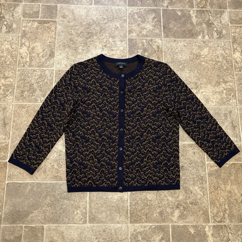 NWOT Ann Taylor Navy Cardigan M Autumn Winter Jacquard Pattern Wool Cashmere